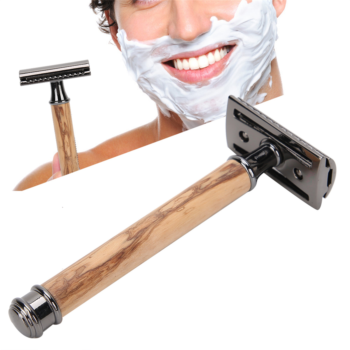 Ein Mann rasiert sich mit einem Rasierer mit Holzgriff. Weiße Rasiercreme ist sichtbar.