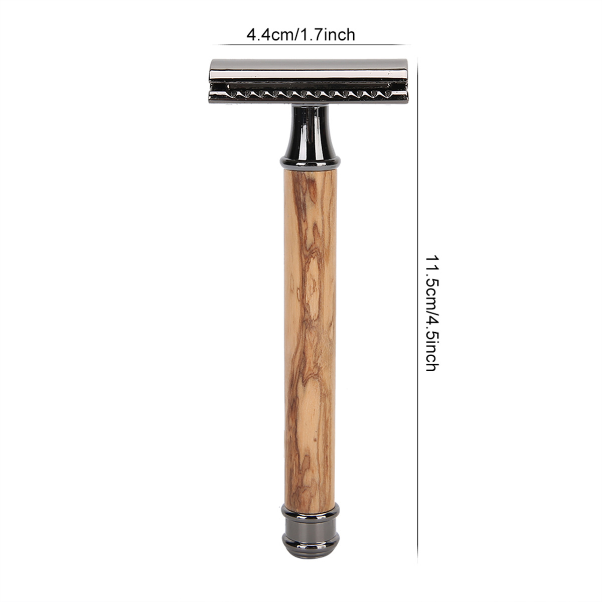 Ein Rasierer mit Holzgriff und Metallkopf. Es wird gemessen.