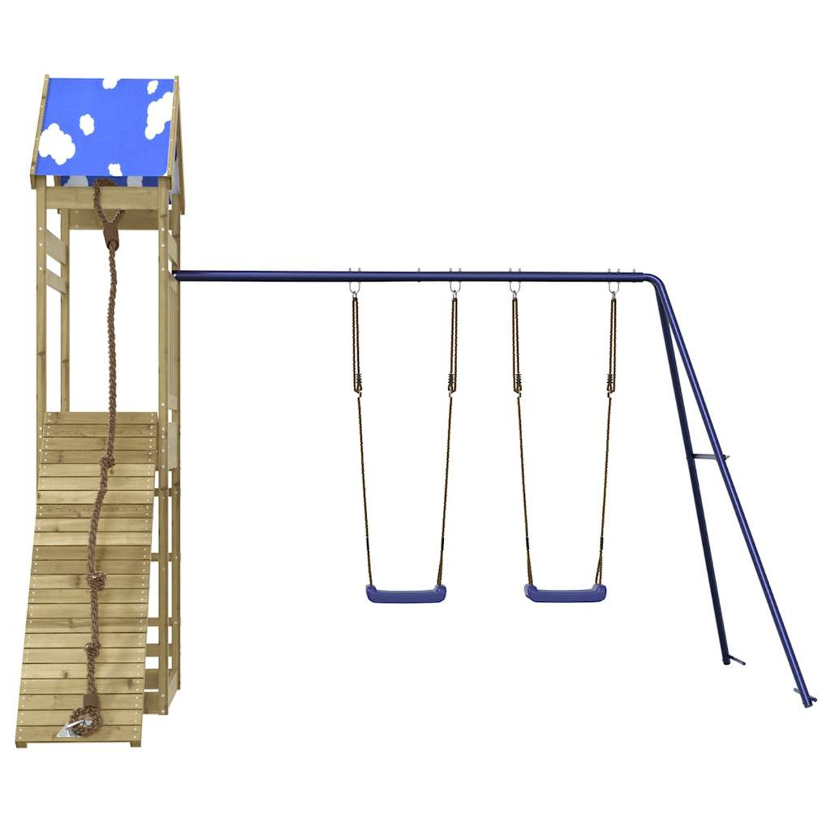 Spielplatz mit Klettergerüst, Rutsche, Schaukeln und blau-weißem Wolken-Dach.