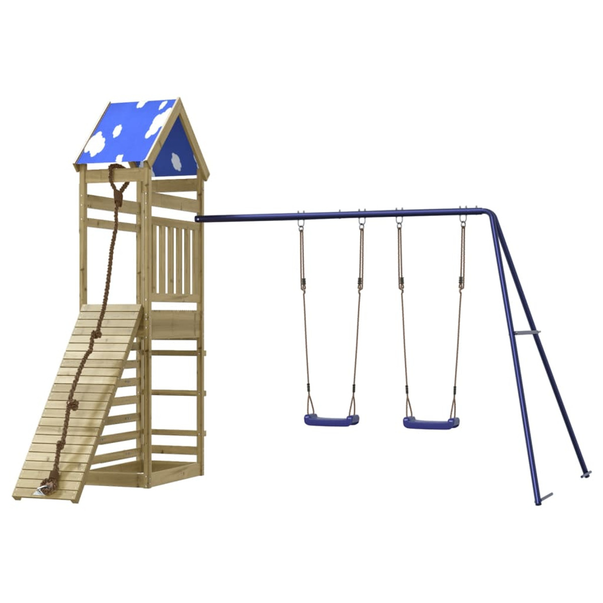 Spielplatz aus Holz mit Rutsche, Klettergerüst und zwei Schaukeln. Steht auf weißem Hintergrund.