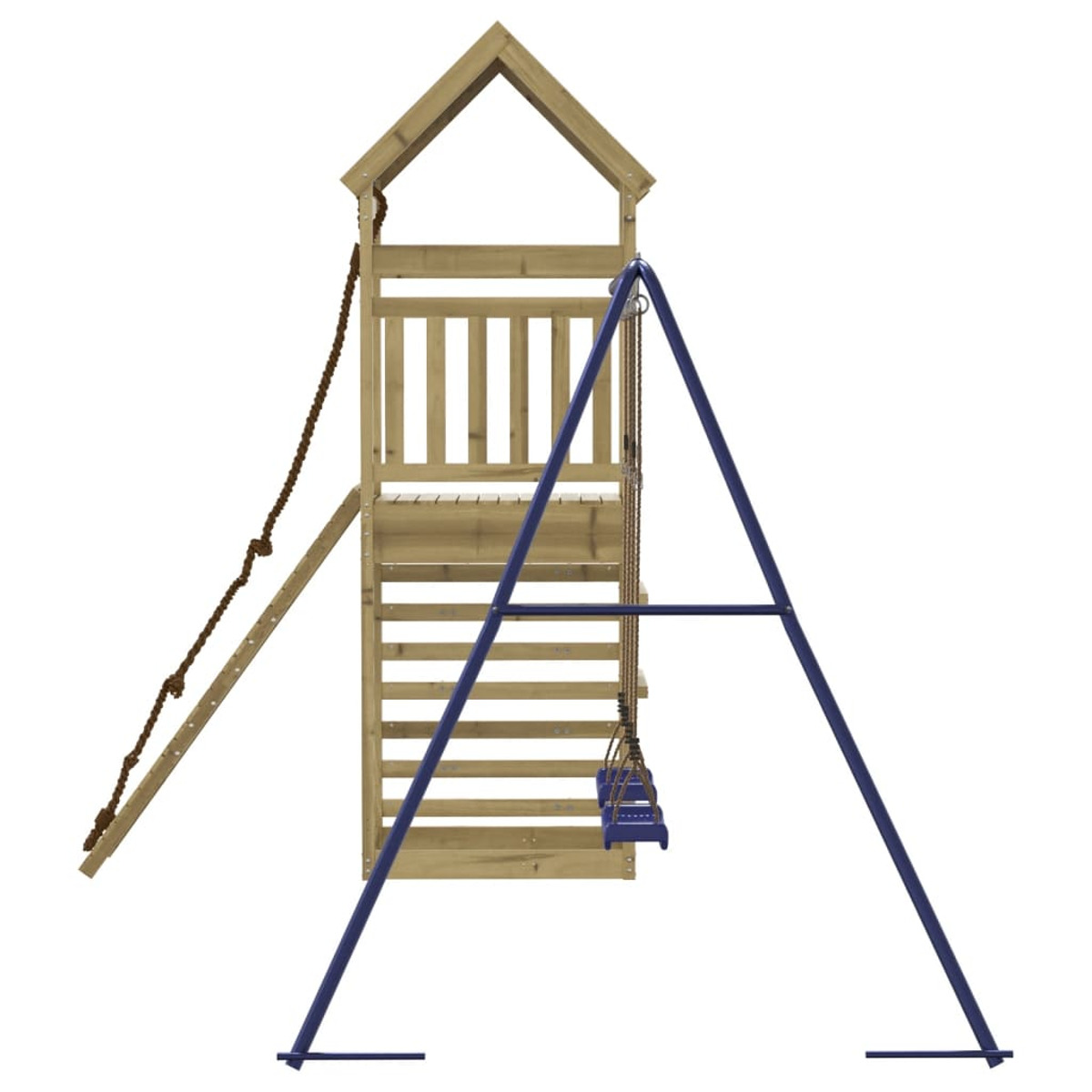 Spielplatz mit Schaukel, Klettergerüst und Leiter. Holzkonstruktion und blaue Akzente.