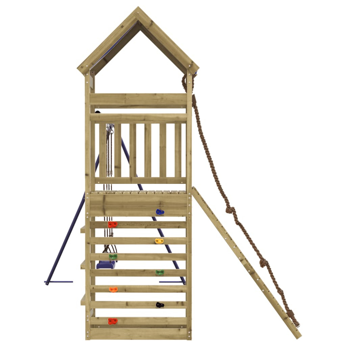 Spielplatz aus Holz mit Kletterwand, Rutsche und Strickleiter. Blaue Akzente auf dem Dach.