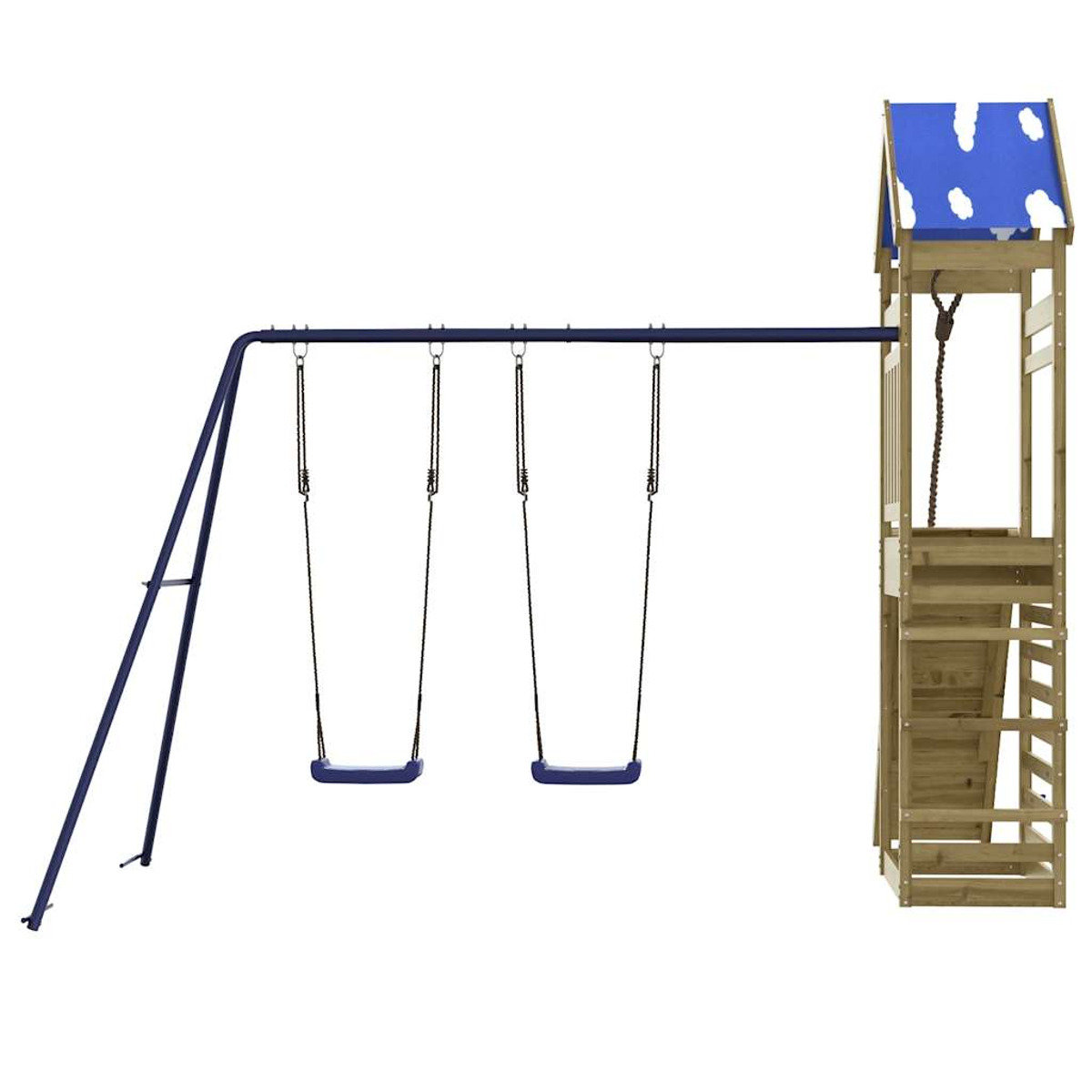 Spielplatz mit zwei Schaukeln und Holzstruktur, blaues Dach, weißer Hintergrund.