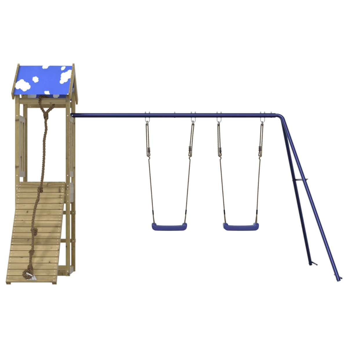 Hölzernes Spielset mit Rutsche, Leiter, Kletterwand und Schaukeln.