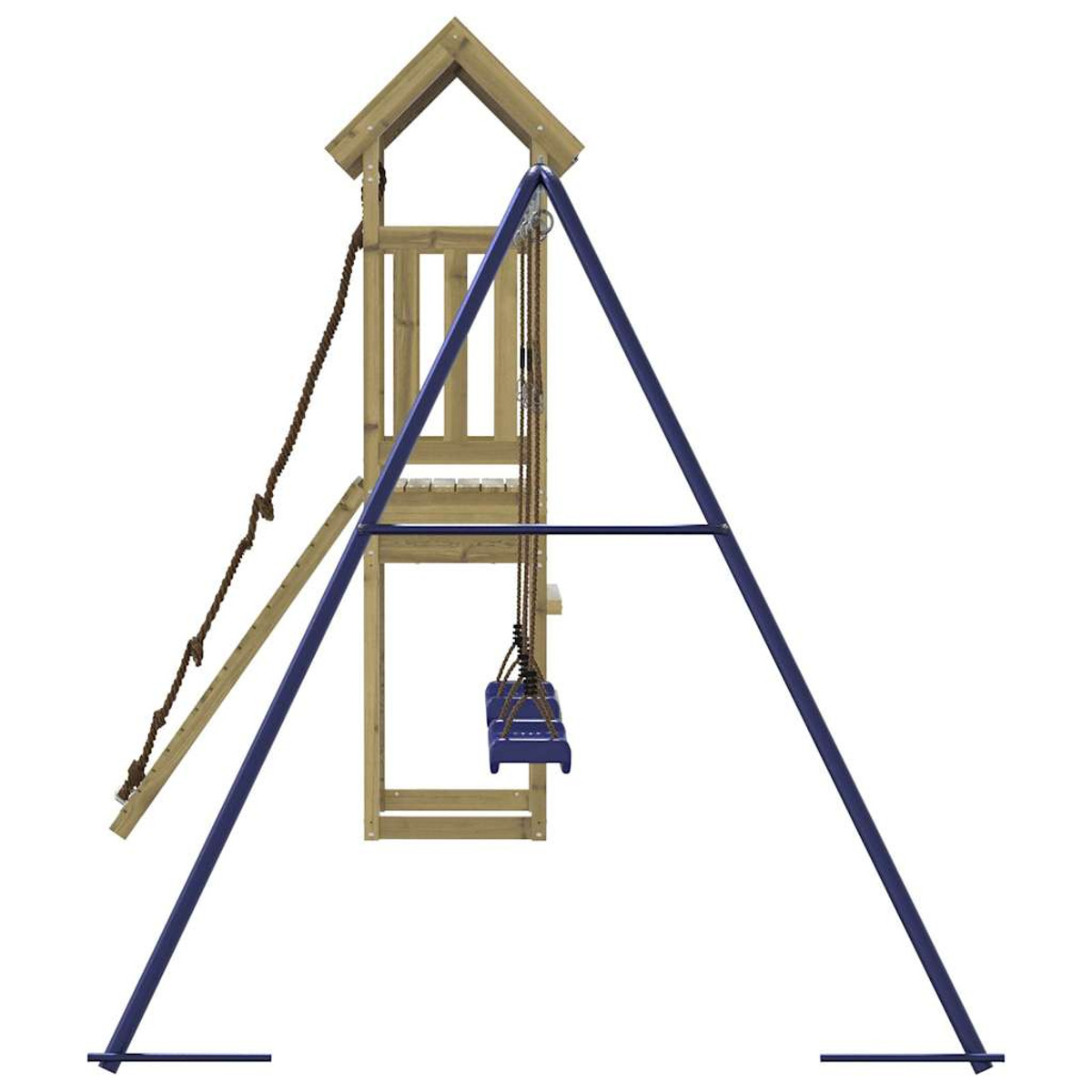 Ein blaues Schaukelgerüst mit einer Holzspielstruktur. Der Hintergrund ist weiß.