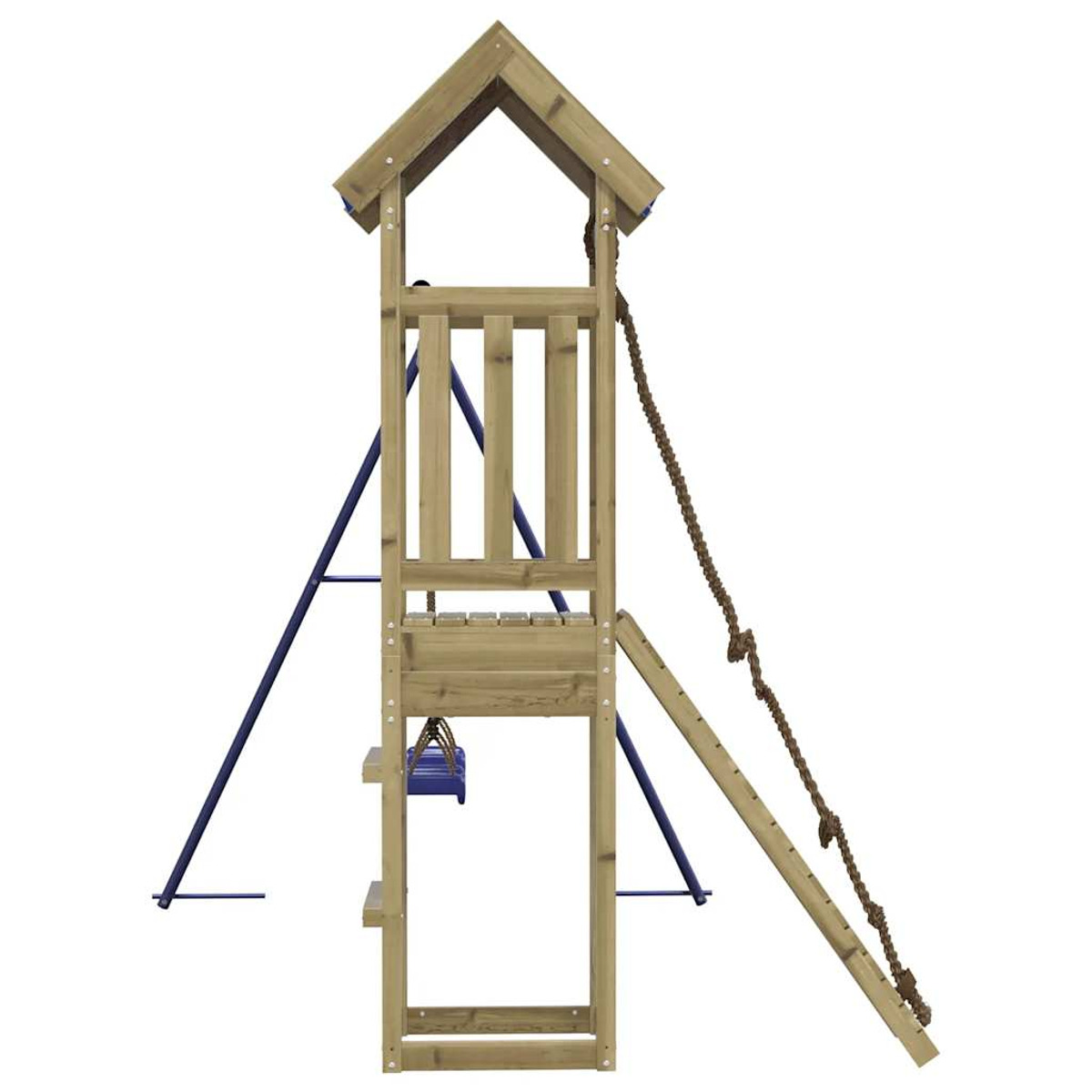 Ein Holzspielhaus mit Rutsche, Kletterleiter und Strickleiter, mit einem blauen Schaukelset.