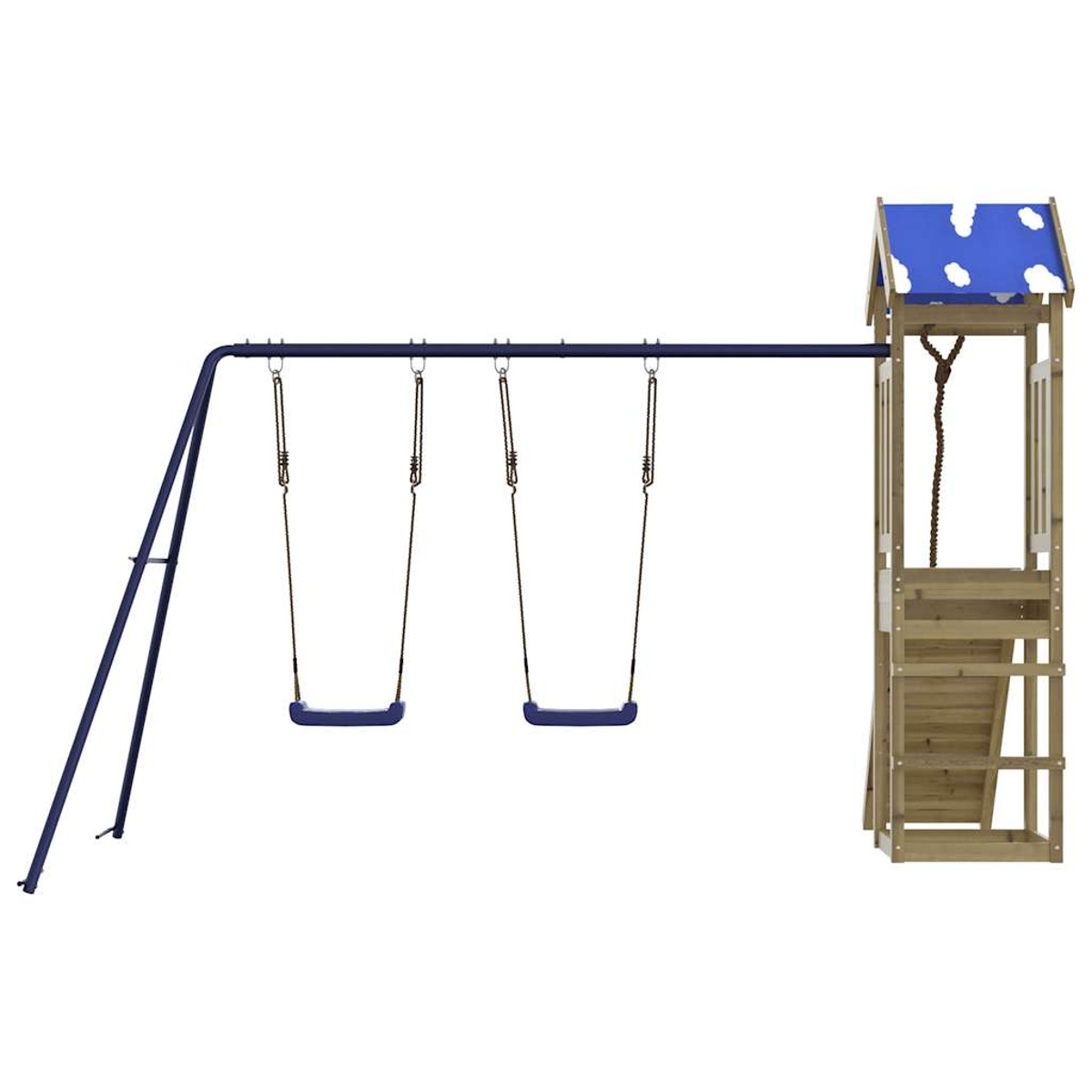Ein Spielplatz mit Schaukeln und Holzkonstruktion mit blauem Dach.
