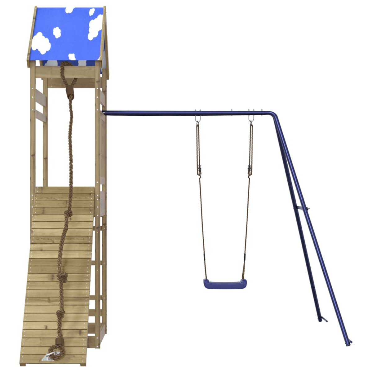 Spielplatz aus Holz mit Schaukel, Strickleiter und blauem Dach.