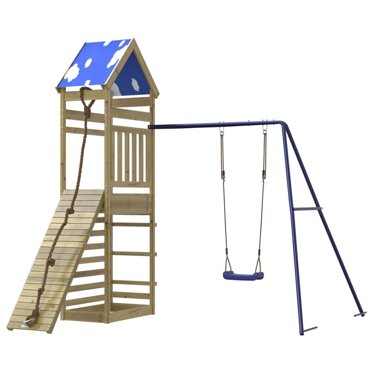 Holzspielplatz mit Rutsche, Leiter und Schaukeln. Blaues Himmel-Dach. Vor weißem Hintergrund.