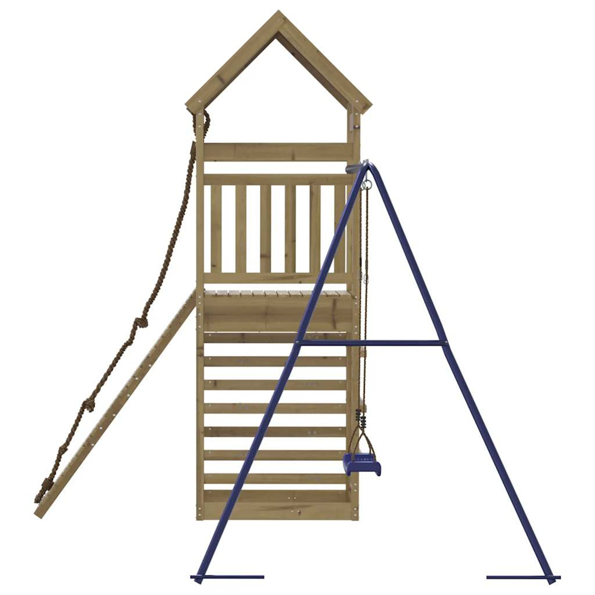 Spielplatzgeräte aus Holz mit Kletterleiter, Rutsche und Schaukel; blaue Akzente.