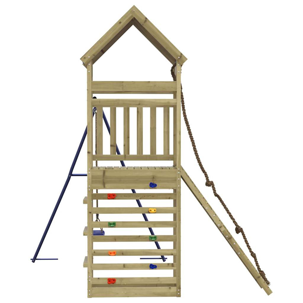 Holzspielplatzstruktur mit Rutsche, Kletterwand und Strickleiter.