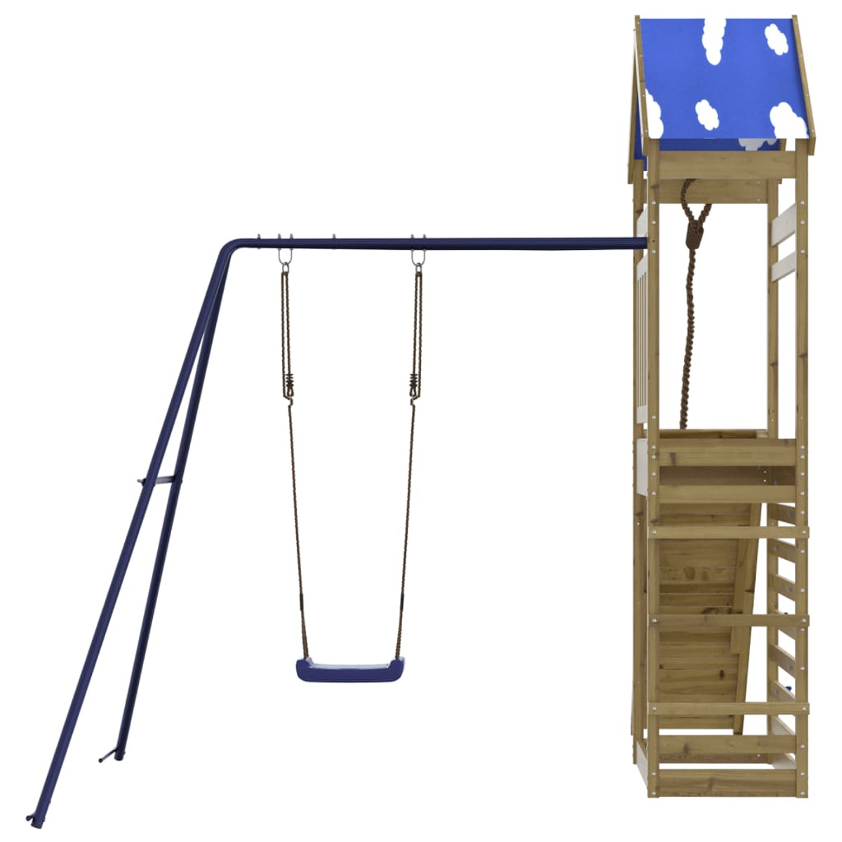 Spielplatz mit Schaukeln, Rutsche und einem Holzspielhaus, blaue Akzente.