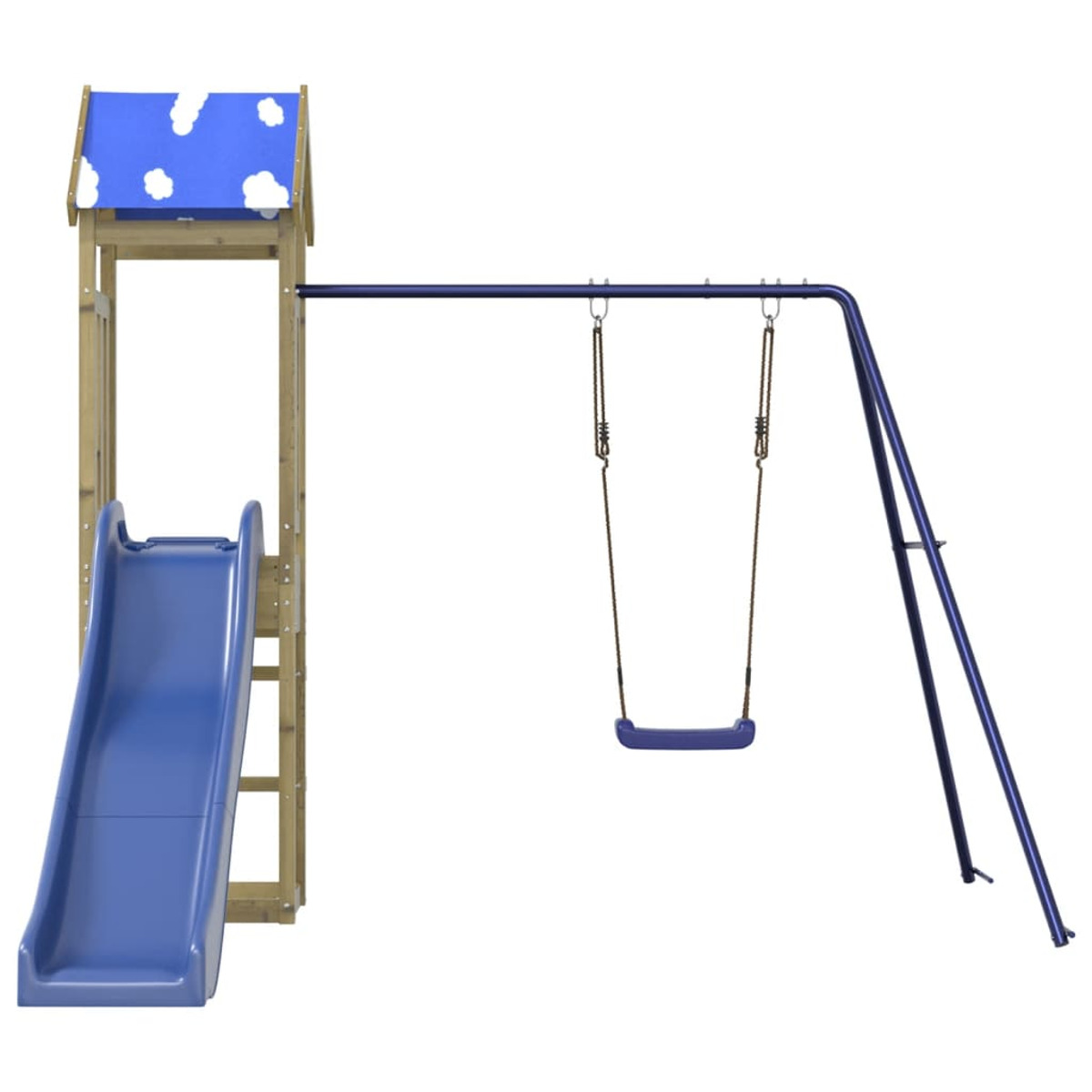 Ein Holzspielplatz mit Rutsche, Schaukel und Klettergerüst.
