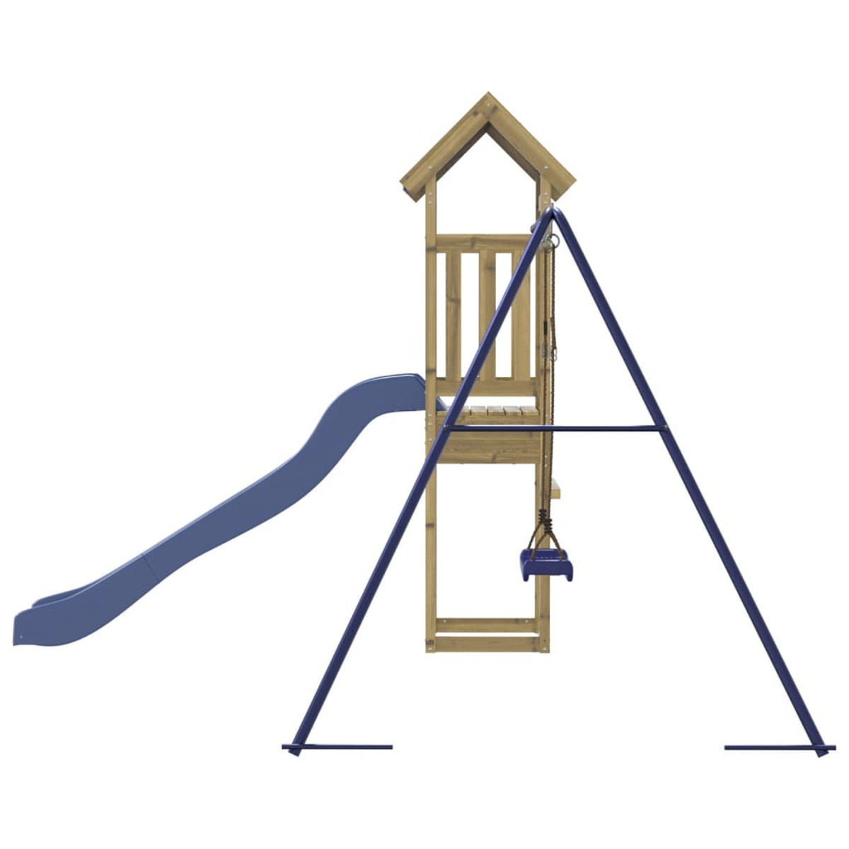 Spielplatz mit Rutsche, einer Schaukel und einer Holzkonstruktion mit blauem Dach.