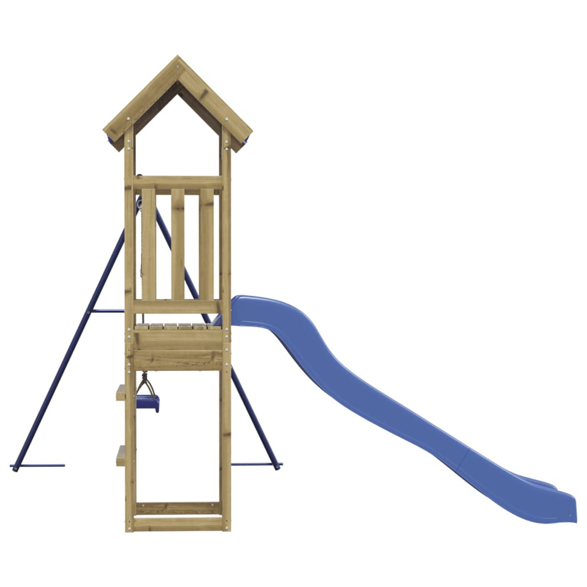 Spielgerüst aus Holz mit Rutsche. Beinhaltet einen Turm mit Dach und eine blaue Rutsche. Weißer Hintergrund.