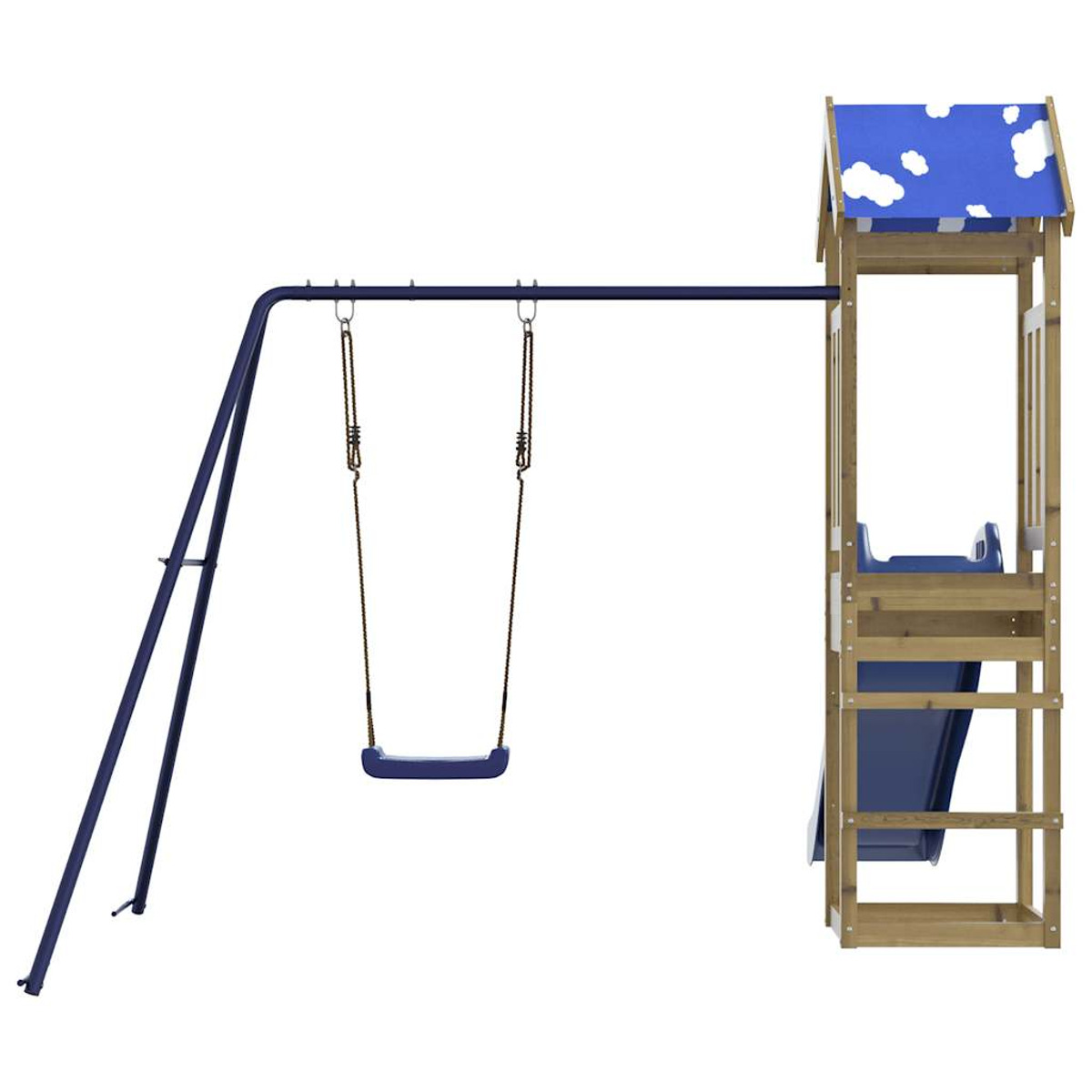 Ein blaues und hölzernes Schaukelgerüst. Es hat eine Schaukel, eine Rutsche und eine Kletterwand, vor weißem Hintergrund.