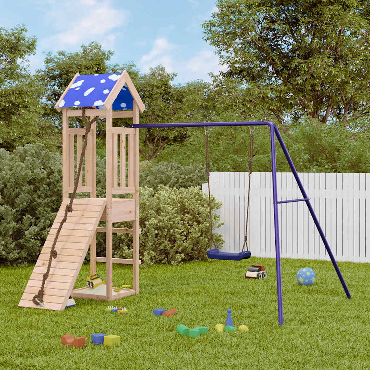 Ein hölzerner Spielplatz mit blauem Dach, Rutsche, Strickleiter und Schaukel.