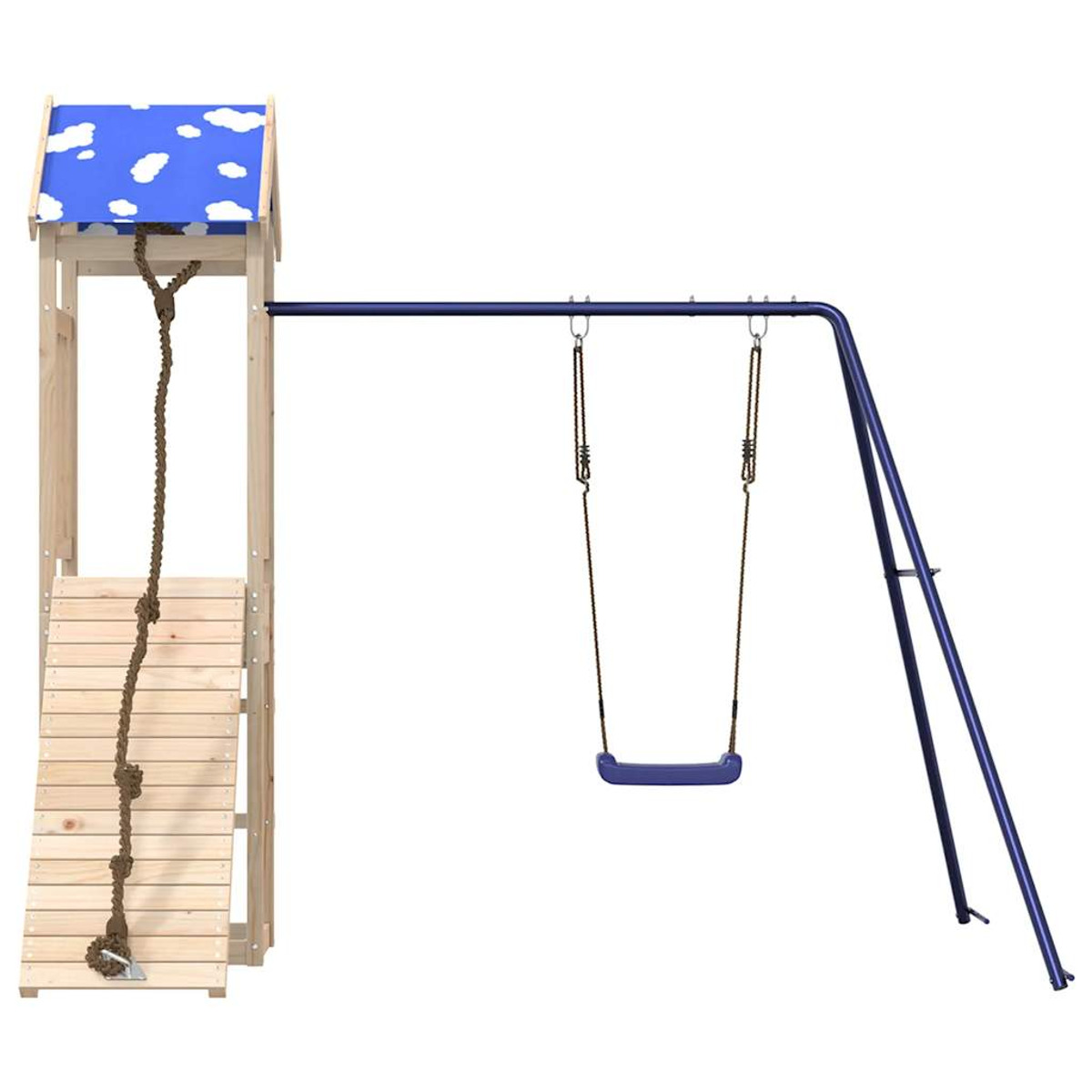 Spielplatz aus Holz mit Schaukel und Strickleiter. Blaue Schaukel mit Wolken Dach. Holzstruktur.