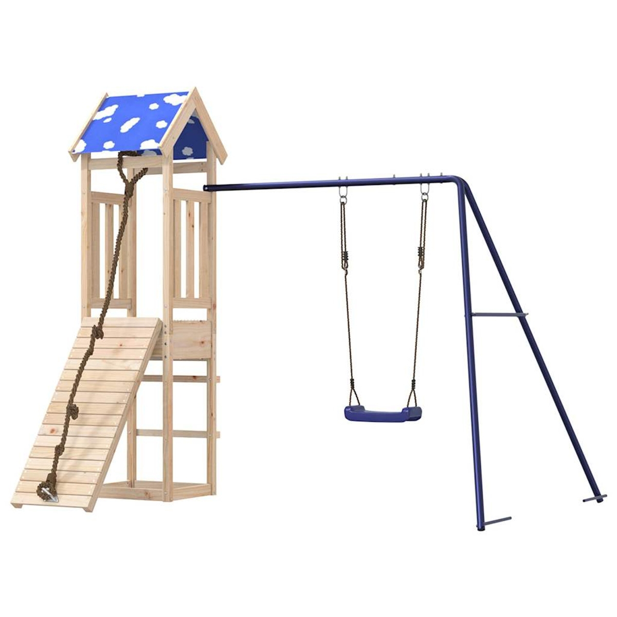 Ein hölzernes Spielplatzset mit Rutsche, Strickleiter und zwei Schaukeln; es hat ein blaues Dach mit Wolken.