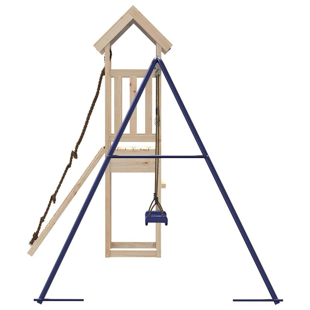Ein Spielplatz aus Holz mit Schaukel und Strickleiter. Verfügt über einen Turm, eine Schaukel und eine Strickleiter.