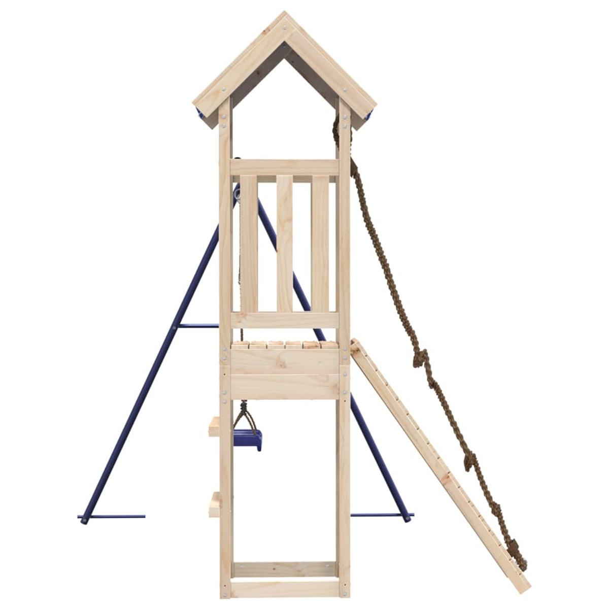Holzspielplatz mit Rutsche, Strickleiter und Schaukeln. Blaue Struktur.