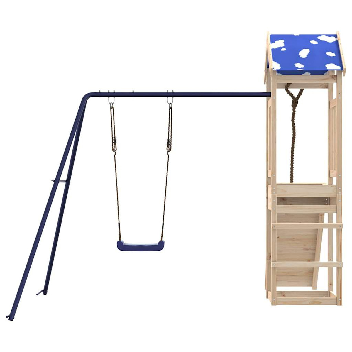 Spielplatz mit Rutsche, Schaukel und Holzturm. Isoliert auf weißem Hintergrund.