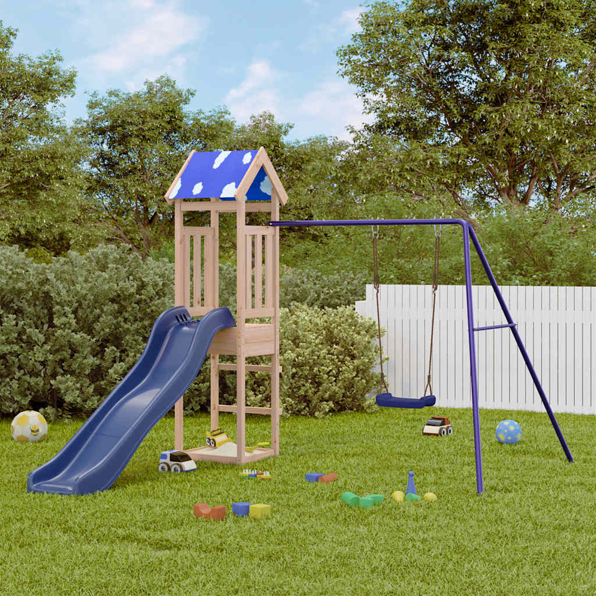 Parco giochi in legno con tetto blu, scala a corda, altalena e una piccola altalena blu.