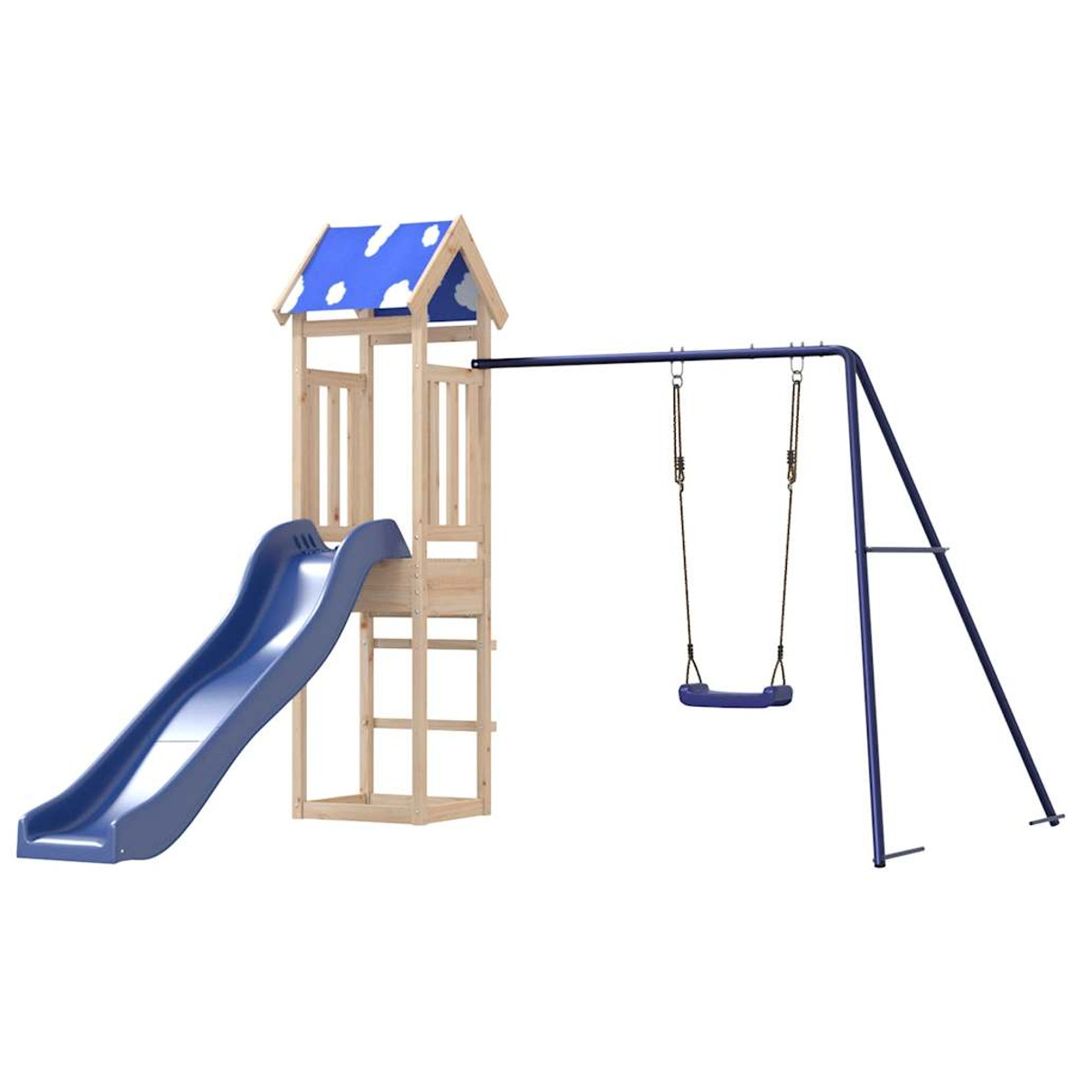 Parco giochi in legno con torre, scivolo e altalena. È su uno sfondo bianco.