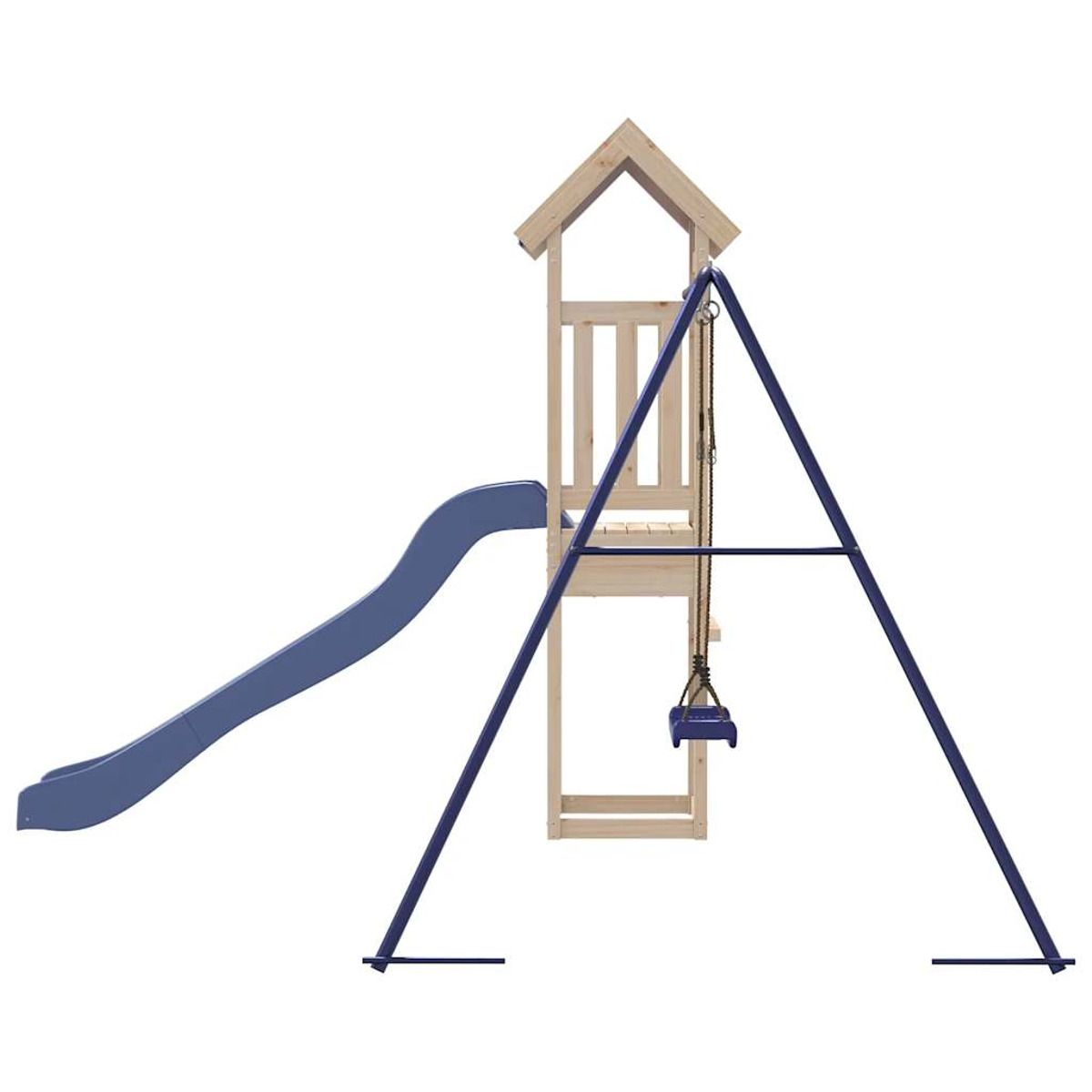Parco giochi in legno con scivolo, altalena e struttura per arrampicata. Scivolo e sedili dell'altalena blu.