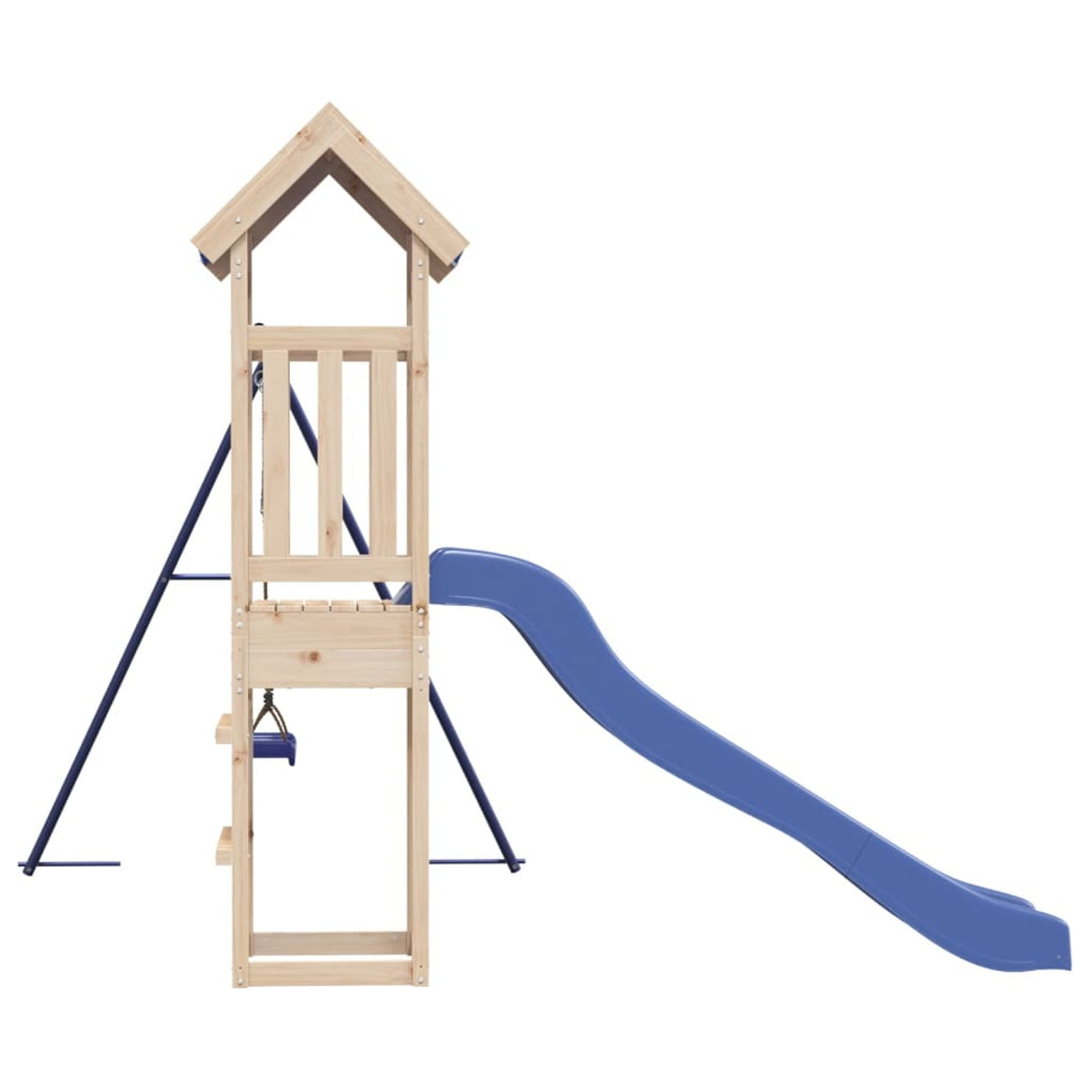 Parco giochi in legno con scivolo blu. Torre, altalena e gradini. Sfondo bianco.