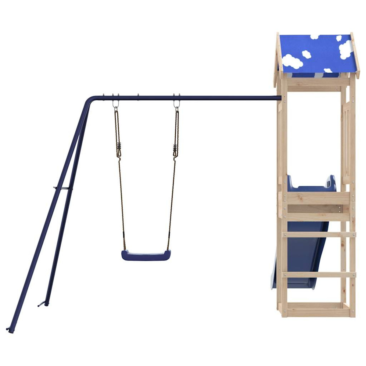 Parco giochi con altalene e scivolo. Costruzione blu e in legno. Sfondo bianco.