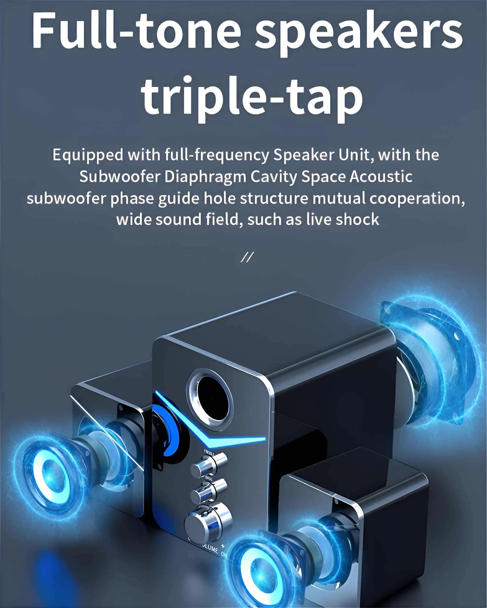 Schwarze Lautsprecher mit blauen Lichtakzenten und einem Subwoofer. Merkmale mit Text beschriftet.