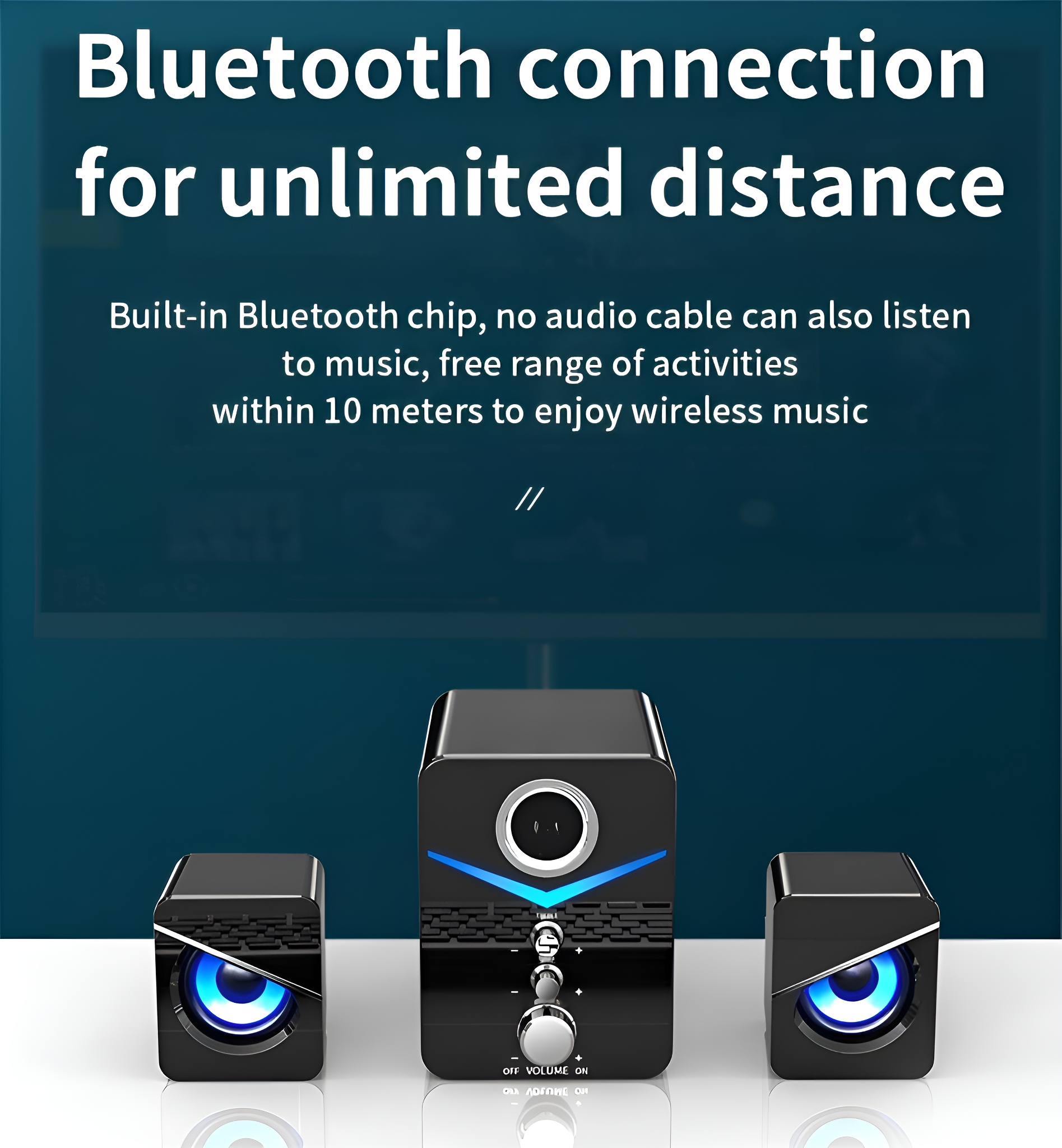Schwarze Lautsprecher mit blauen Lichtern und Bluetooth-Verbindungsdetails.