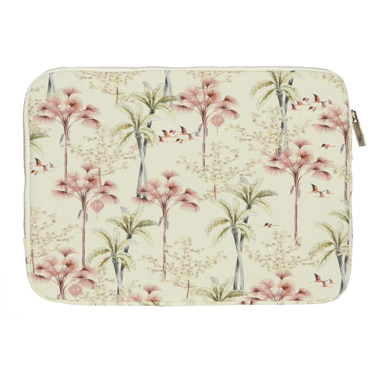 Laptoptasche mit tropischem Muster aus Palmen, rosa Blüten und Vögeln.