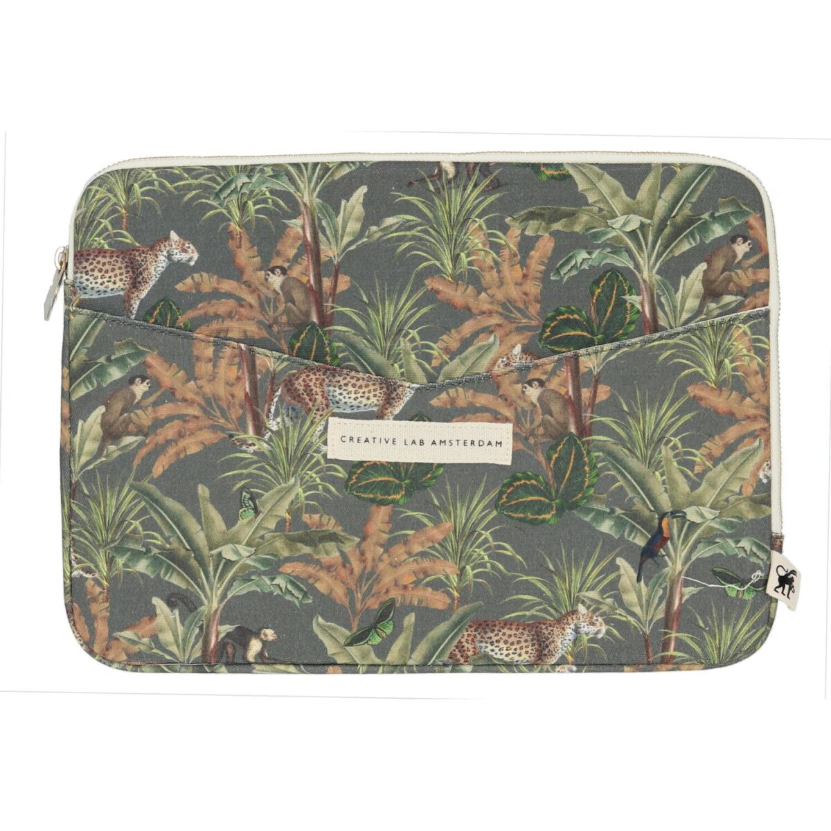Laptop-Hülle mit Dschungel-Print, Leoparden, Affen und tropischem Blattwerk.