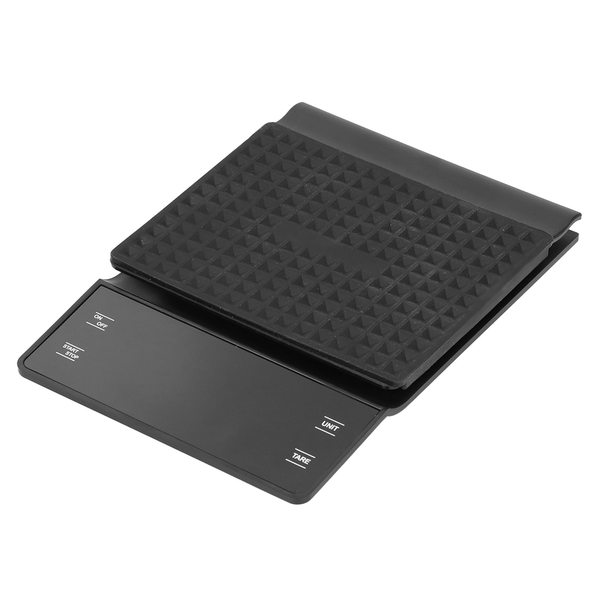 Eine schwarze digitale Küchenwaage mit strukturierter Oberfläche und Bedienknöpfen.
