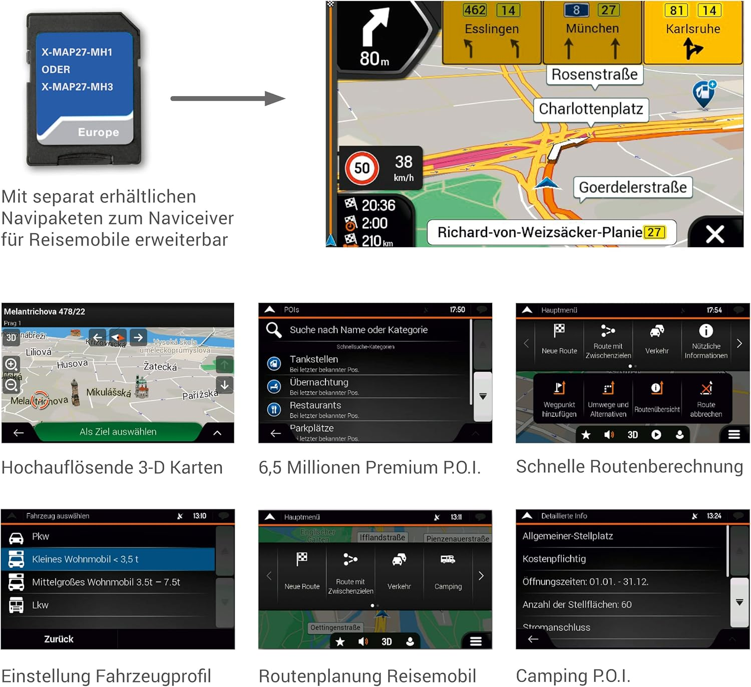 GPS-Navigationsbildschirm mit Kartenanweisungen. Mehrere Bildschirme, detaillierte Routeninformationen.