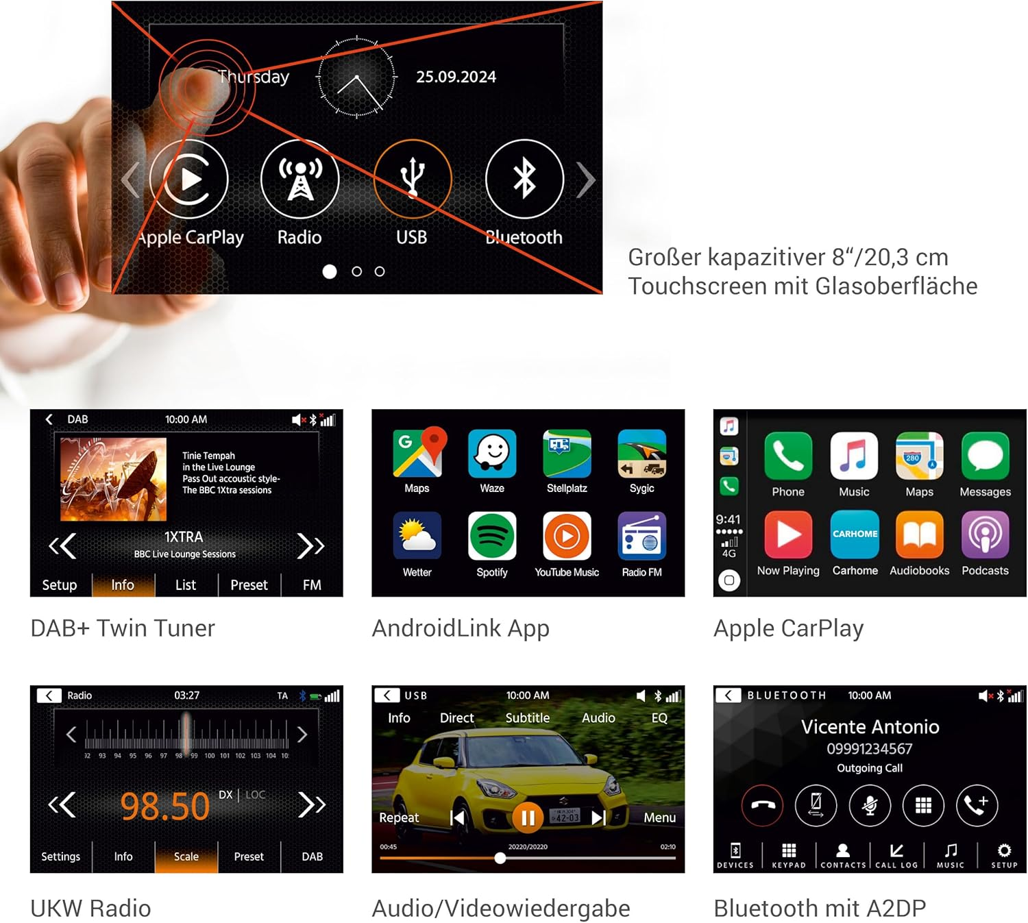 Hand berührt Touchscreen. Zeitanzeige, Datum und Bluetooth-Symbole werden angezeigt.
