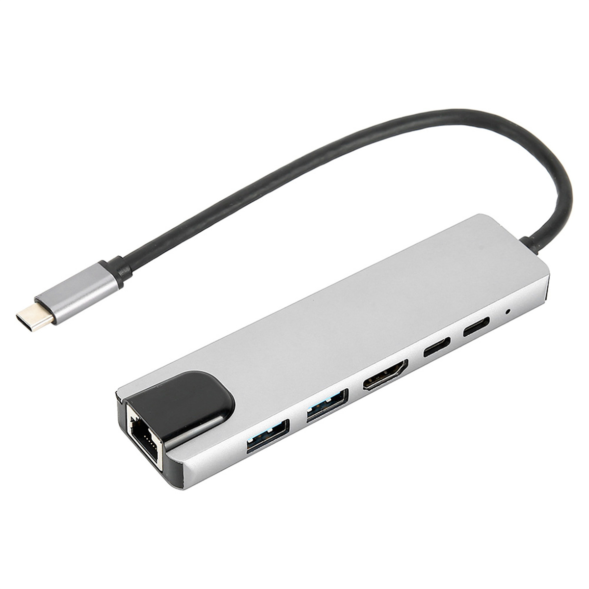 Ein silberner Hub mit verschiedenen Anschlüssen und einem USB-C-Kabel, isoliert auf weißem Hintergrund.