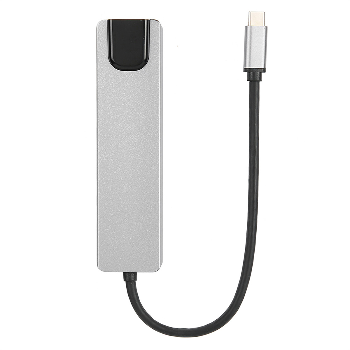 Ein silberner USB-C-Hub mit schwarzem Kabel, von oben betrachtet, freigestellt auf Weiß.