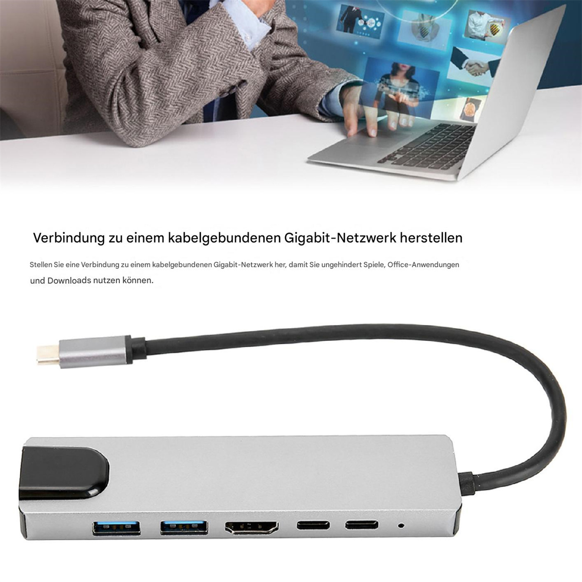 Ein silberner USB-Hub mit mehreren Anschlüssen und einem schwarzen Kabel, mit deutschem Text.