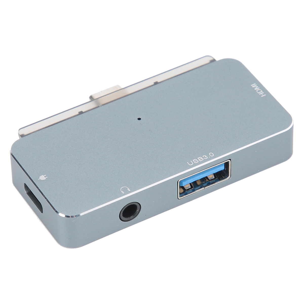 Ein silbergrauer USB-Hub mit HDMI- und USB 3.0-Anschlüssen. Hat eine Kopfhörerbuchse.