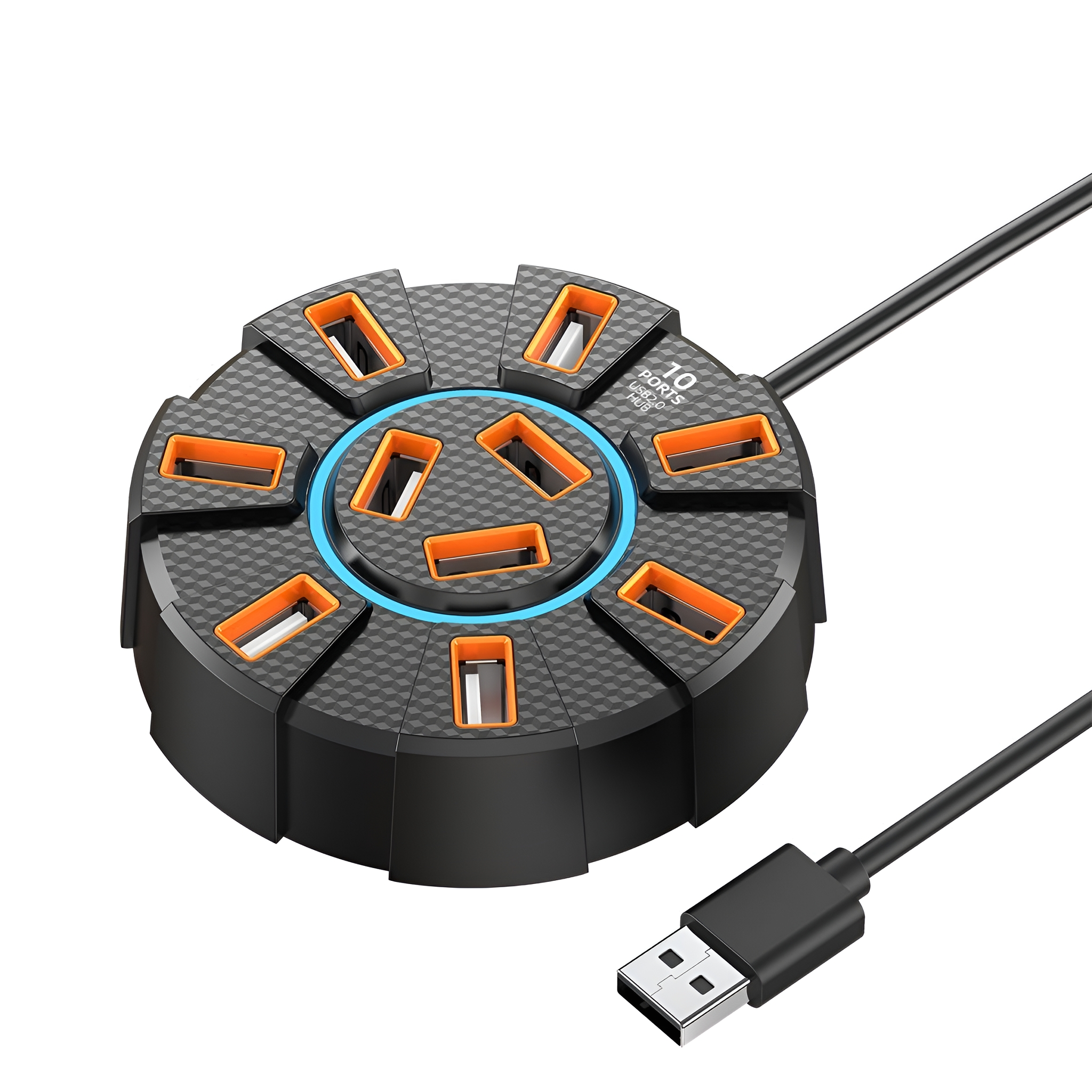 Schwarzer USB-Hub mit 10 Anschlüssen und orangefarbenen Akzenten. Weißer Hintergrund.