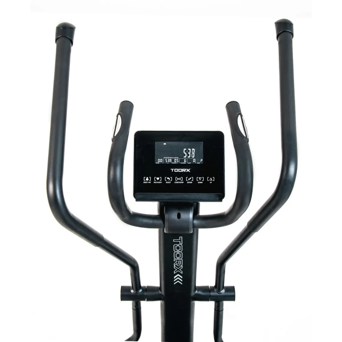 Elliptische machine met een display. Witte achtergrond.