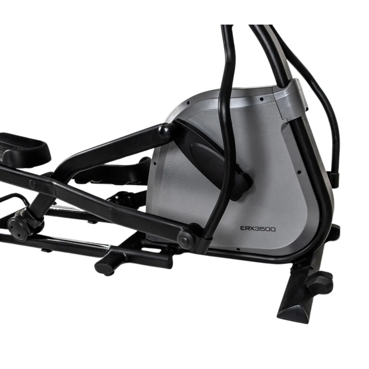 Elliptische machine. Vooraanzicht toont het ERX3500-logo en een grijs paneel. Zwarte draagconstructie.