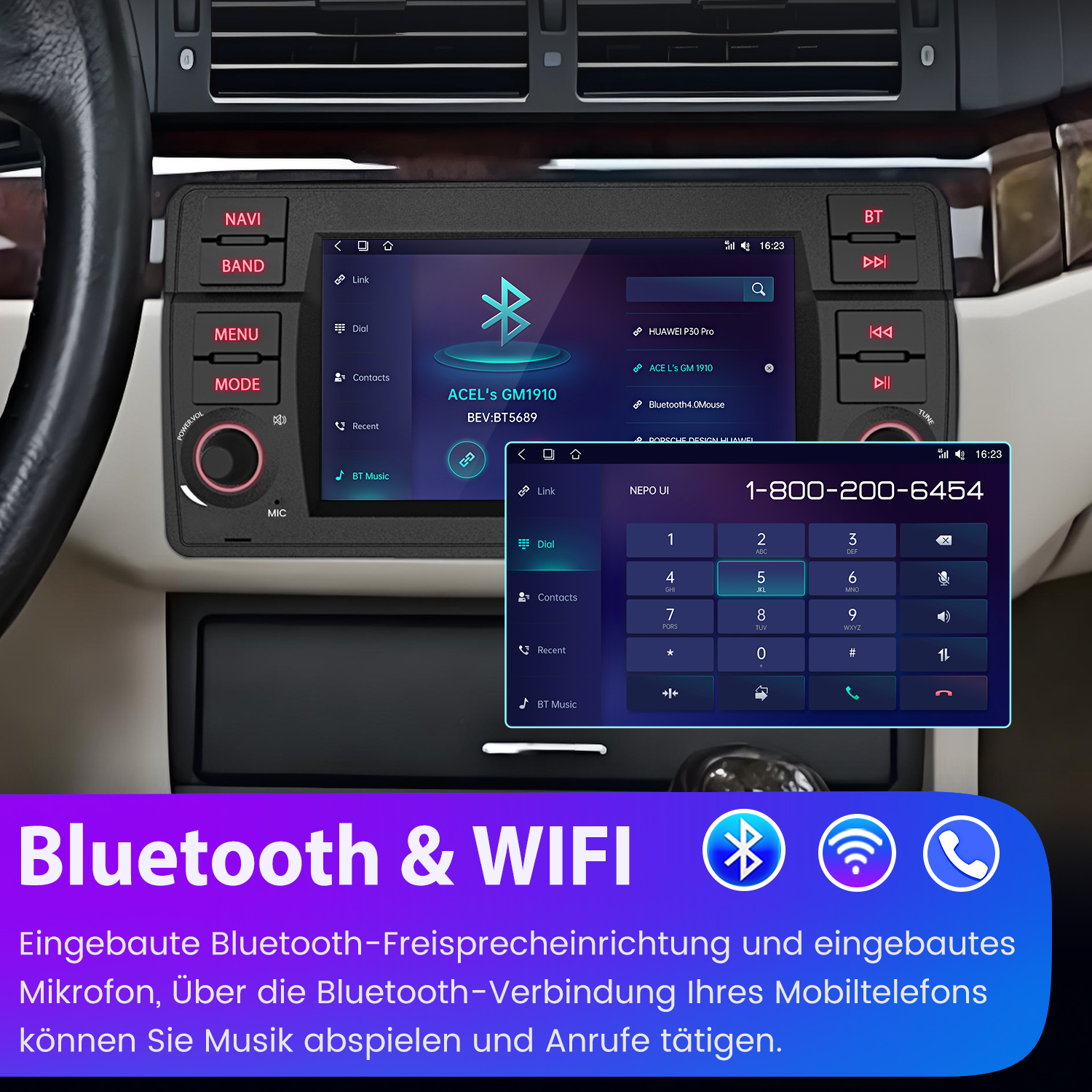 Interfejs systemu stereo w samochodzie z funkcjami Bluetooth i Wi-Fi, ekran wybierania numeru telefonu.