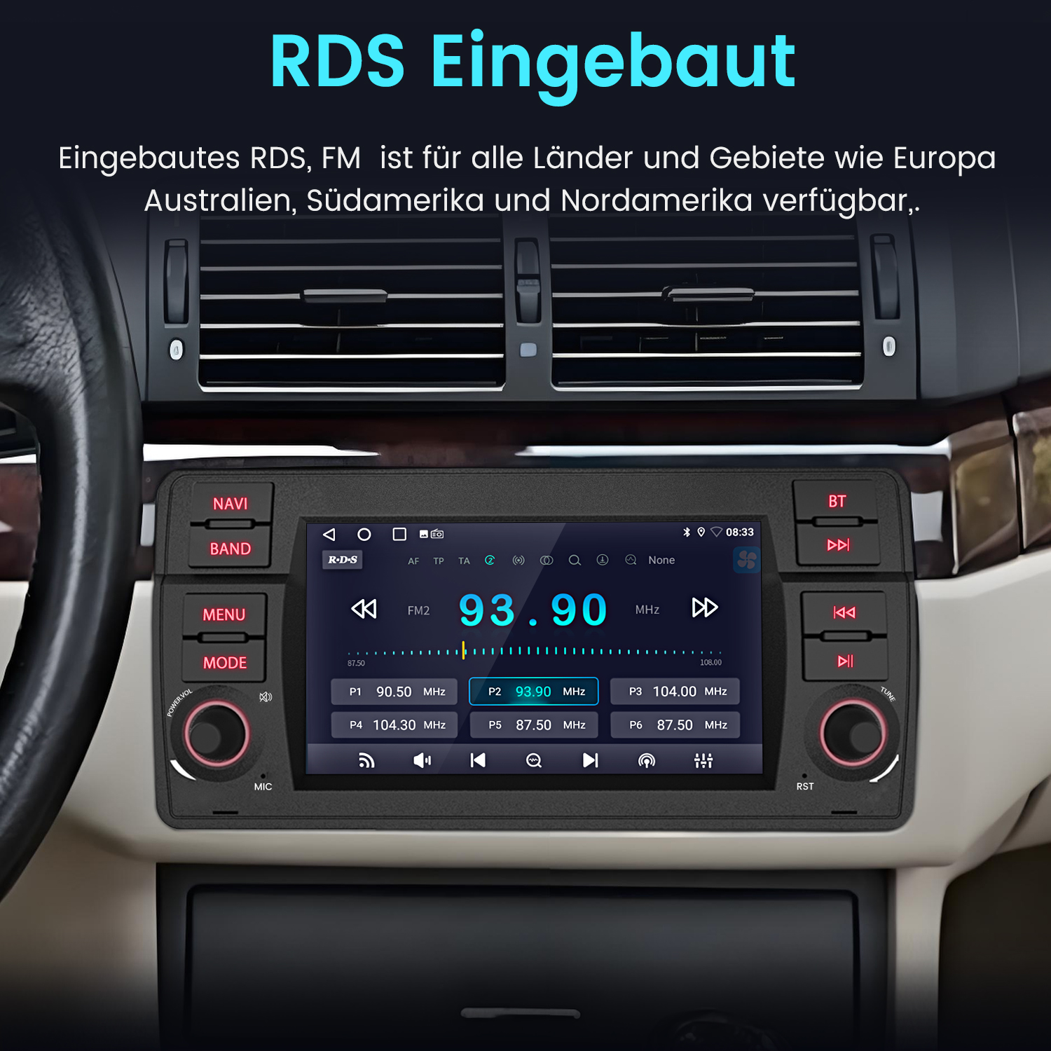 Radio samochodowe z wyświetlaczem pokazującym informacje o stacji radiowej. Tekst: 'RDS Eingebeut'.