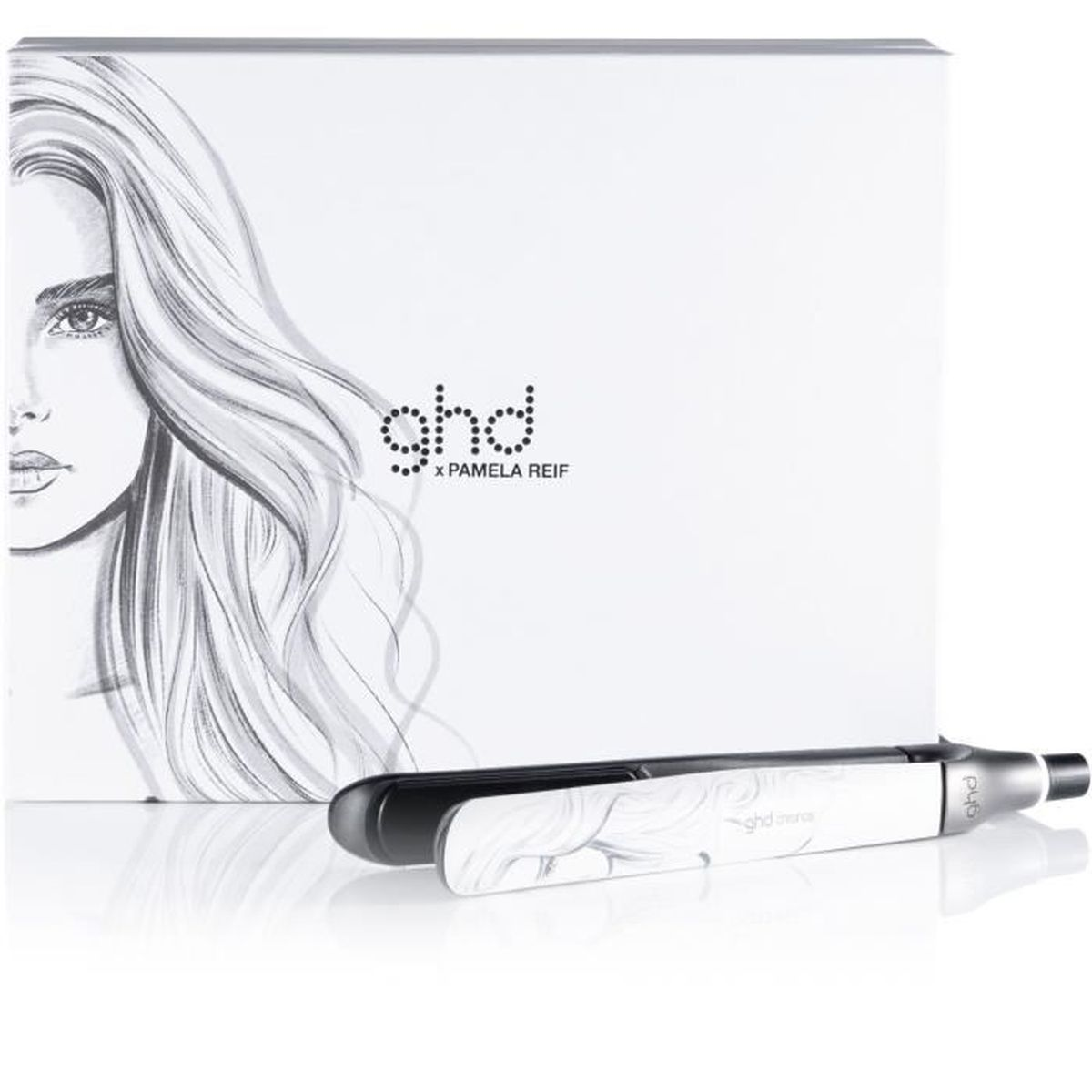 GHD Haarglätter auf weißem Hintergrund. Weiße Box mit Frauengesichtsskizze. Schwarzer und weißer Glätter.