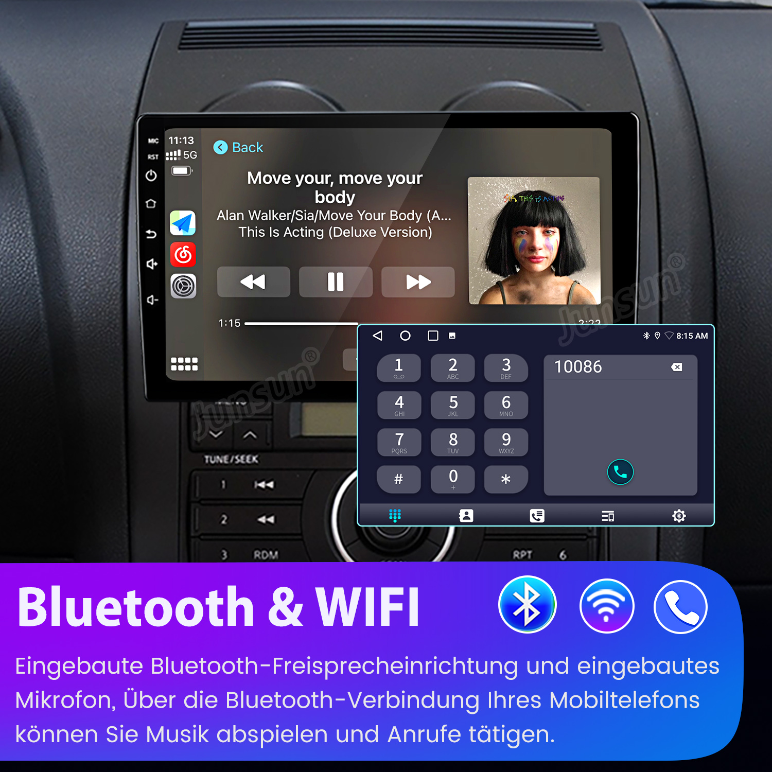 Auto-Infotainment-Bildschirm mit Musik, Wähltelefon und Bluetooth- und WLAN-Informationen.