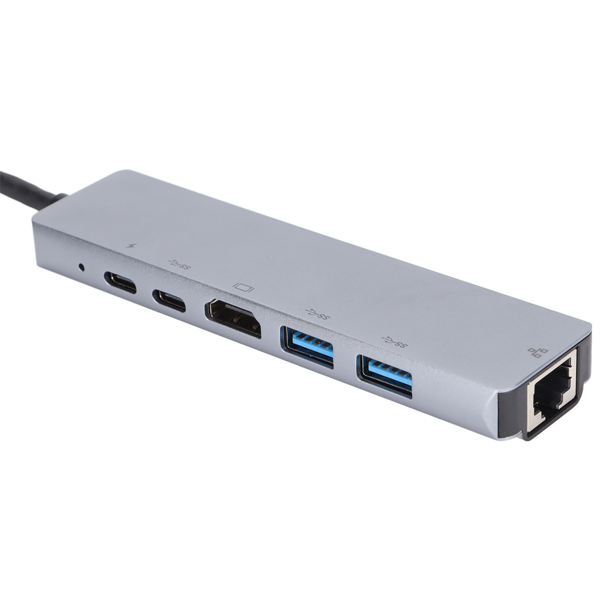 Grauer USB-C-Hub mit mehreren Anschlüssen, einschließlich USB, HDMI und Ethernet. Auf weißem Hintergrund.